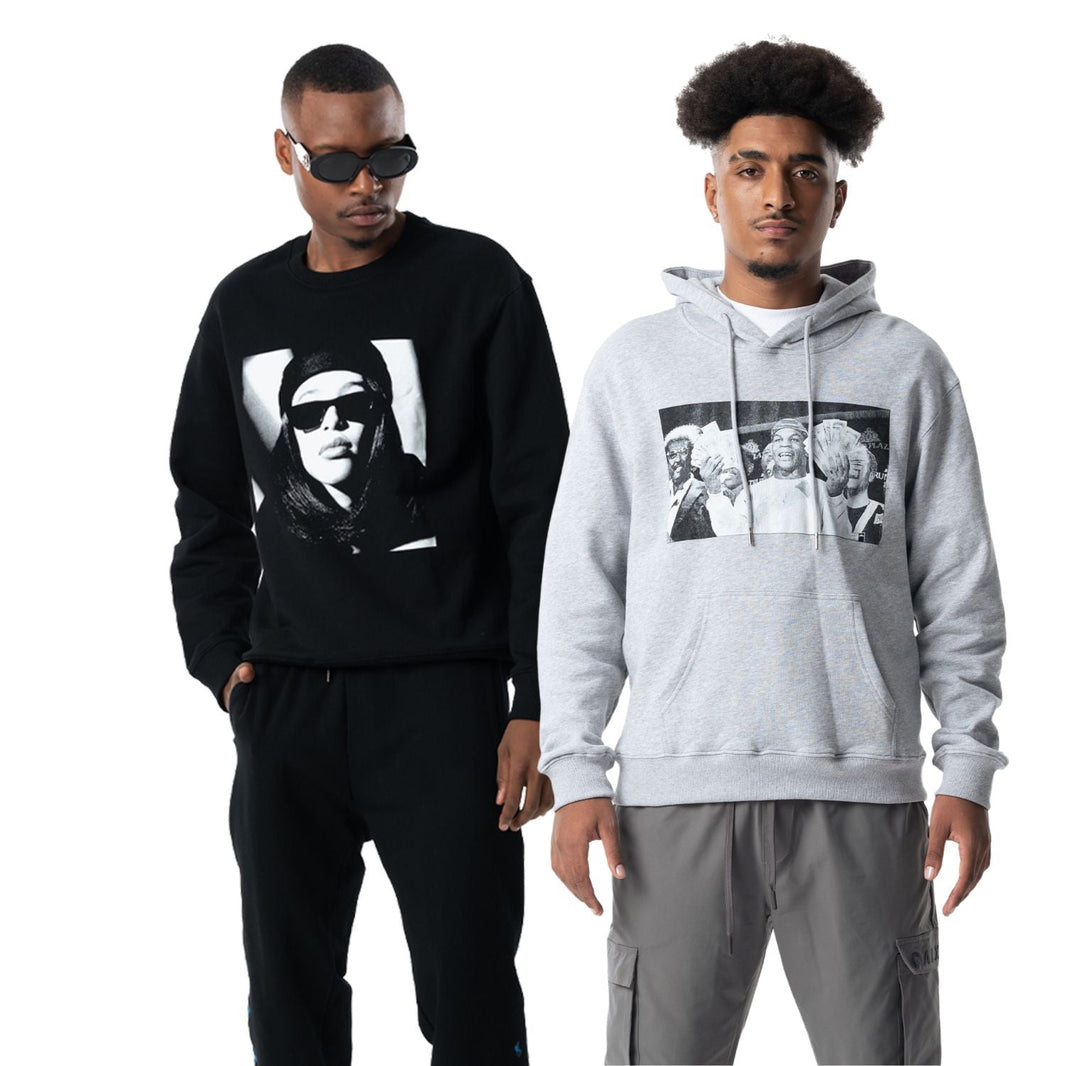 Graphic hoodie and sweatshirt styles featuring monochrome artwork for contemporary streetwear fashion.