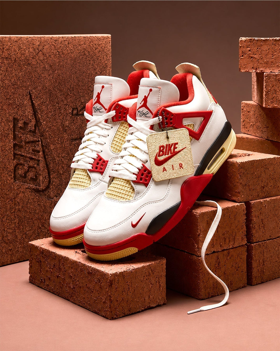 White, red and black Nike Air Jordan sneakers displayed on stacked bricks with a vintage-inspired hangtag.