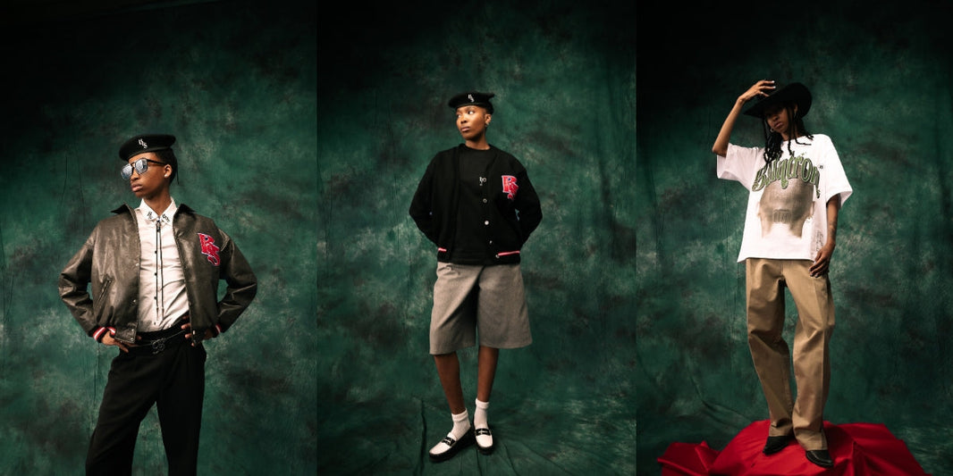 Studio styling of contemporary outfits featuring men’s caps and hats paired with modern streetwear pieces.