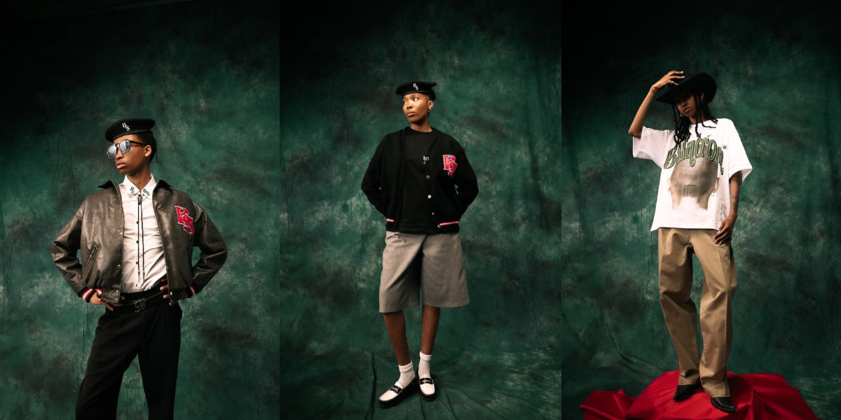 Studio styling of contemporary outfits featuring men’s caps and hats paired with modern streetwear pieces.