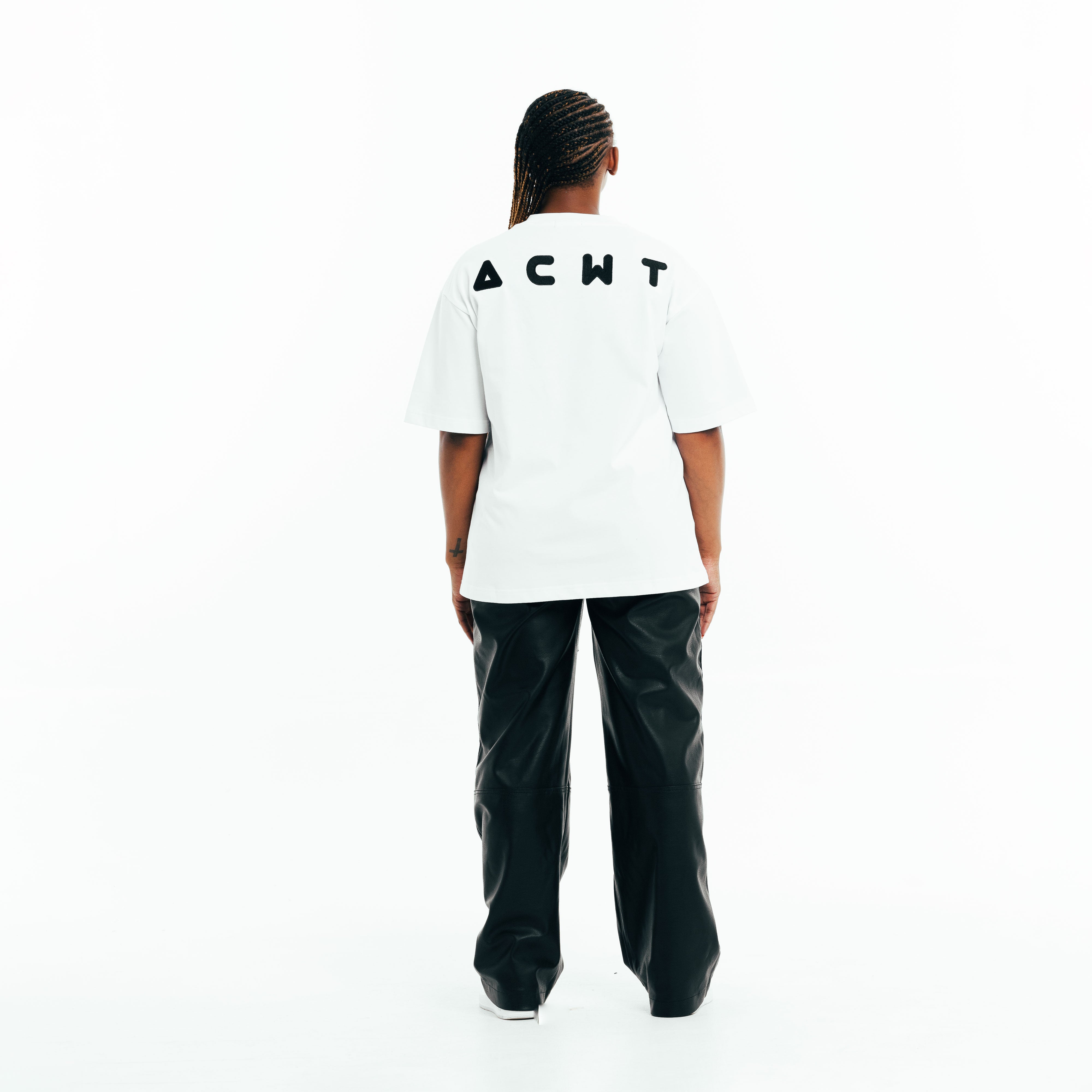 Back view of white cotton t-shirt with minimal clean finish