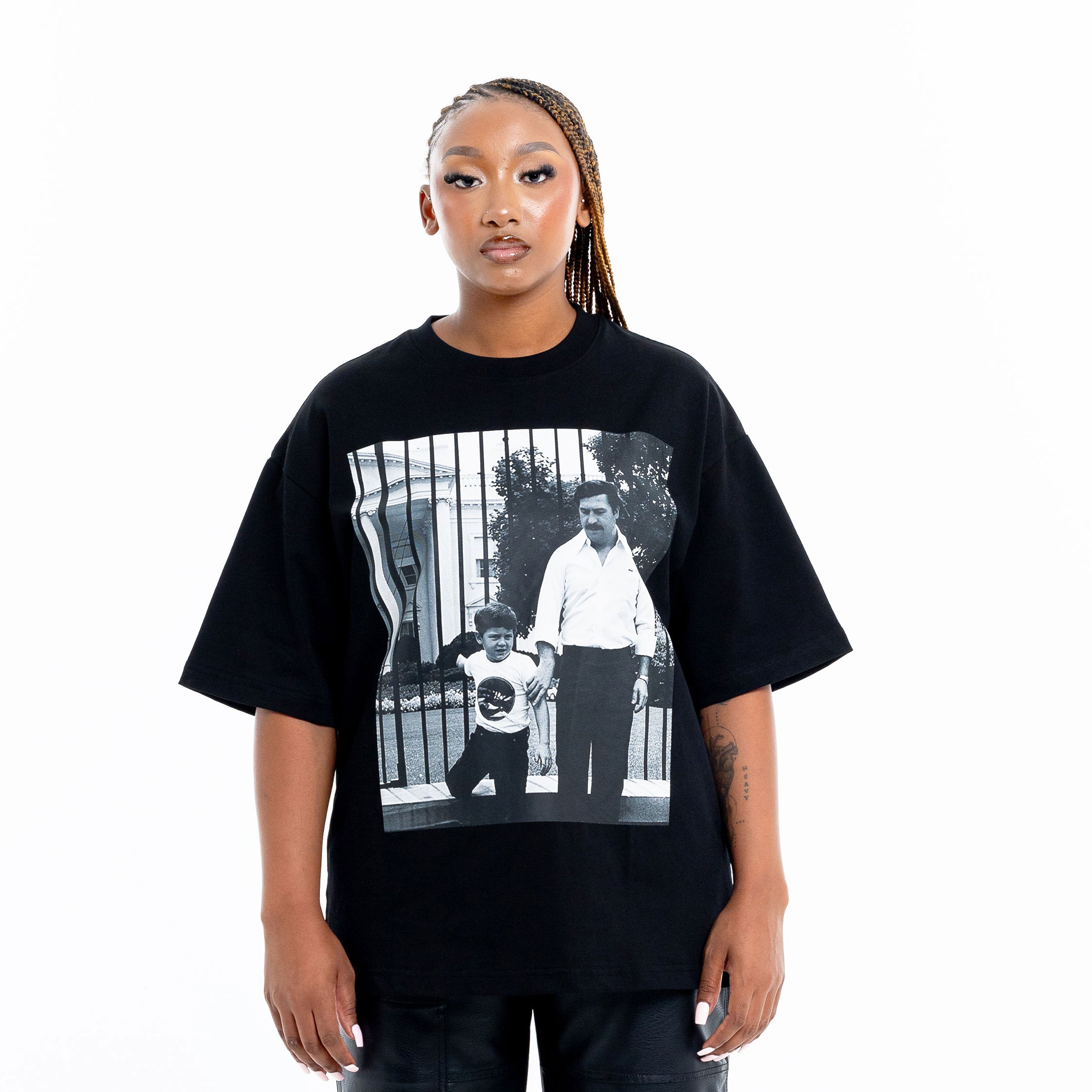 Front view of black ACWT t-shirt with graphic artwork design