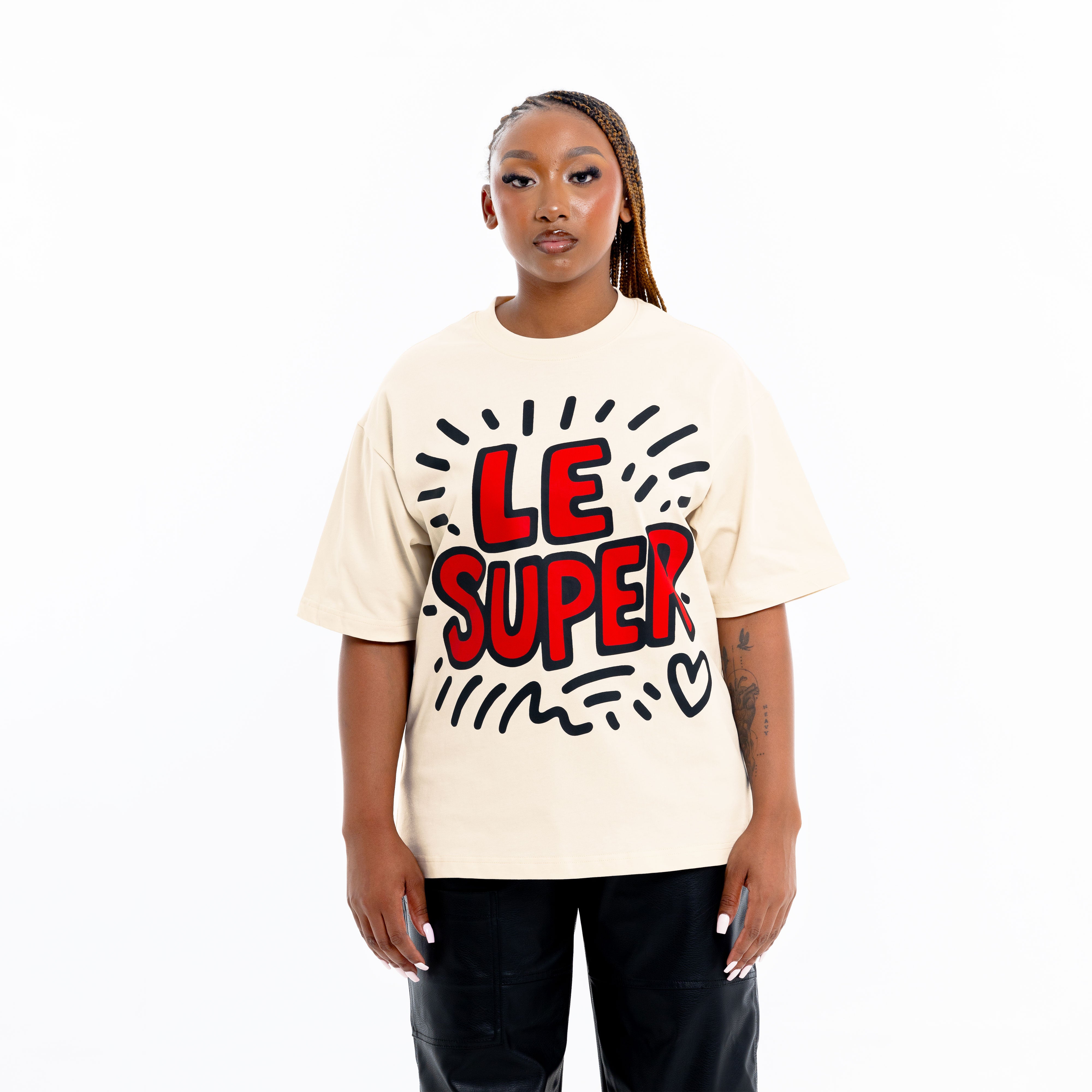 Beige round neck graphic t-shirt with relaxed fit